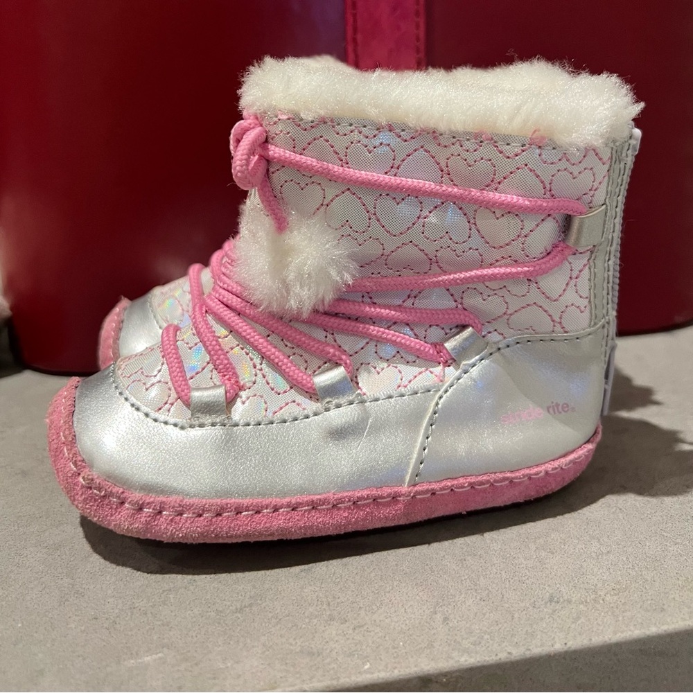 Stride rite Pink and Silver Fur-Lined Booties 12-18m